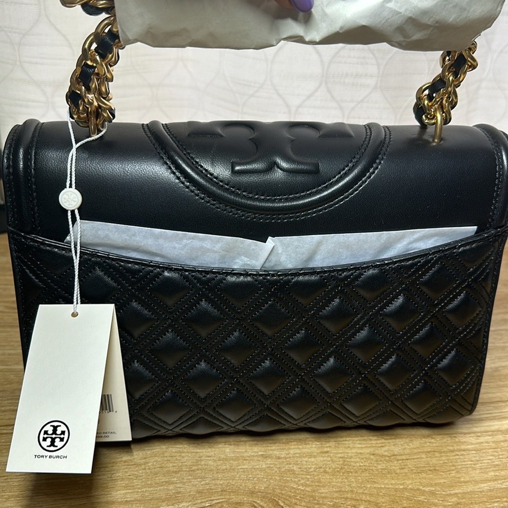 -NEW VERSION Tory Burch Black Leather Fleming Convertible Bag $598 - Picture 4 of 10